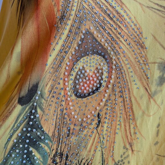 Vintage Y2K Jostar Sleeveless Top Yellow Rhinestone Peacock Feather Size M - Picture 6 of 9